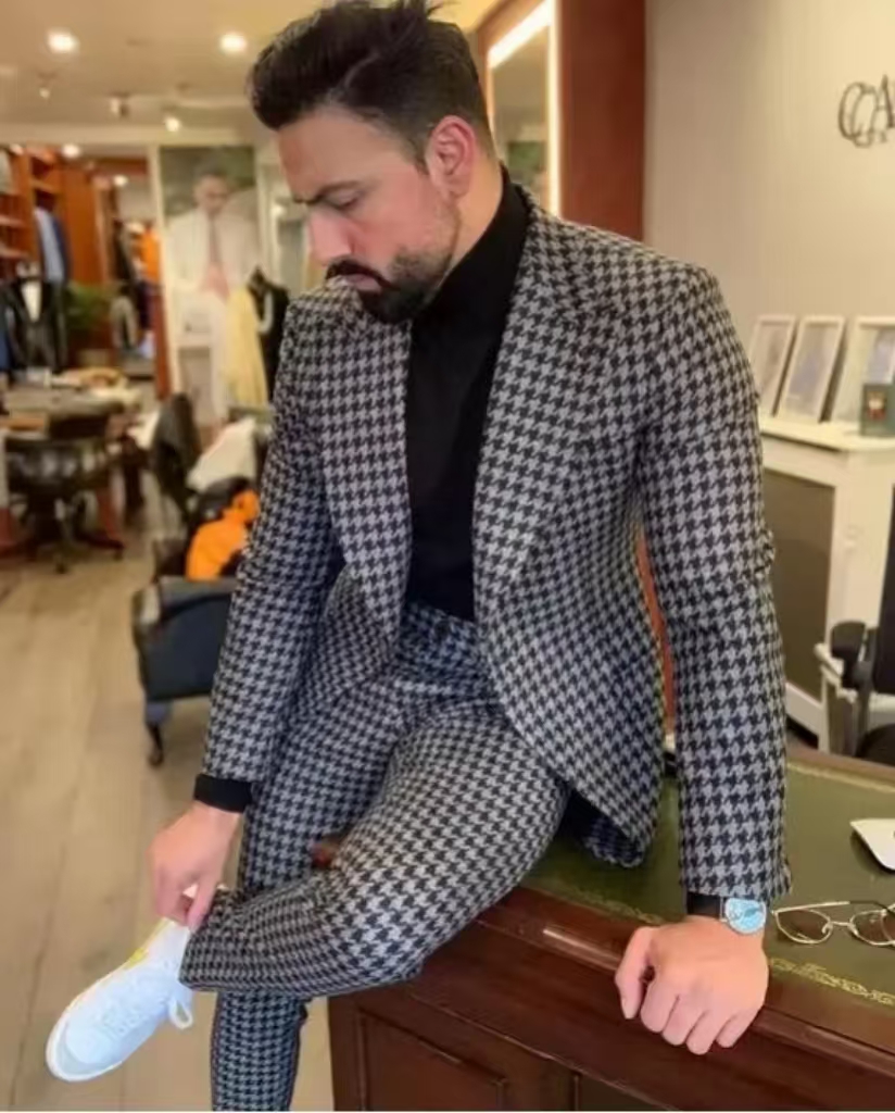 Men Formal Wear With Blazer - Houndstooth Vintage Men's Suit Peak Lapel