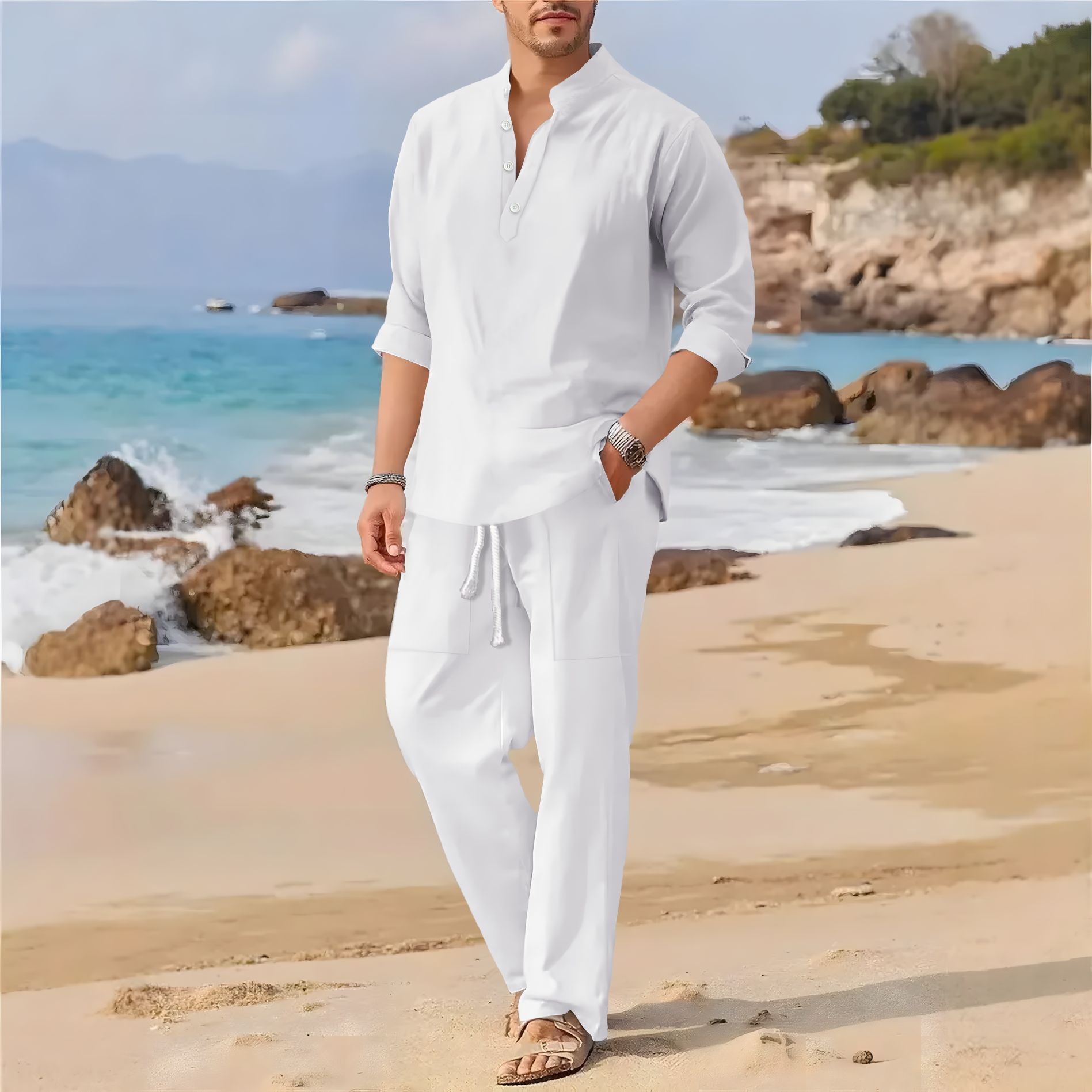 Men's retro cotton and linen s - đánh giá và giá Men'S Formal Beach Wear