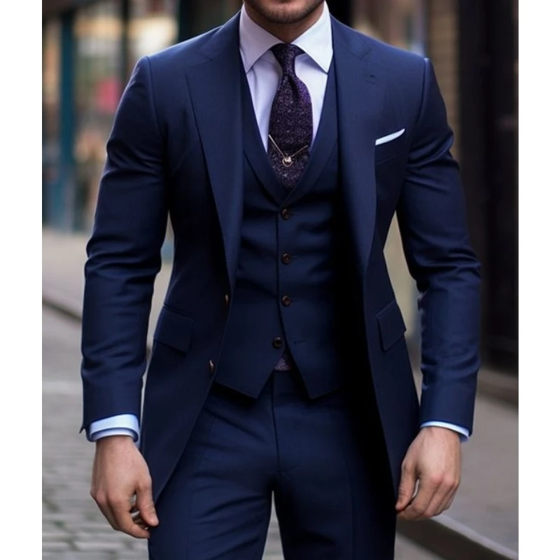 Navy Blue 3 Pieces Casual Male - đánh giá và giá Men Formal Wear With Blazer